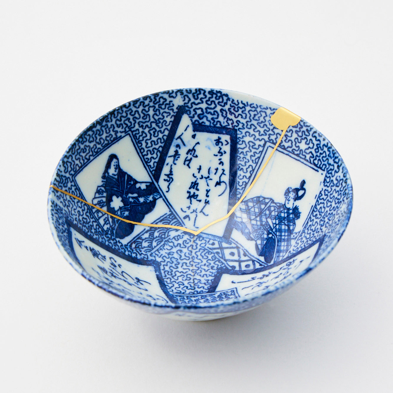 KINTSUGI Golden Verse: Blue Hyakunin-Isshu Tea Bowl|Food Safe