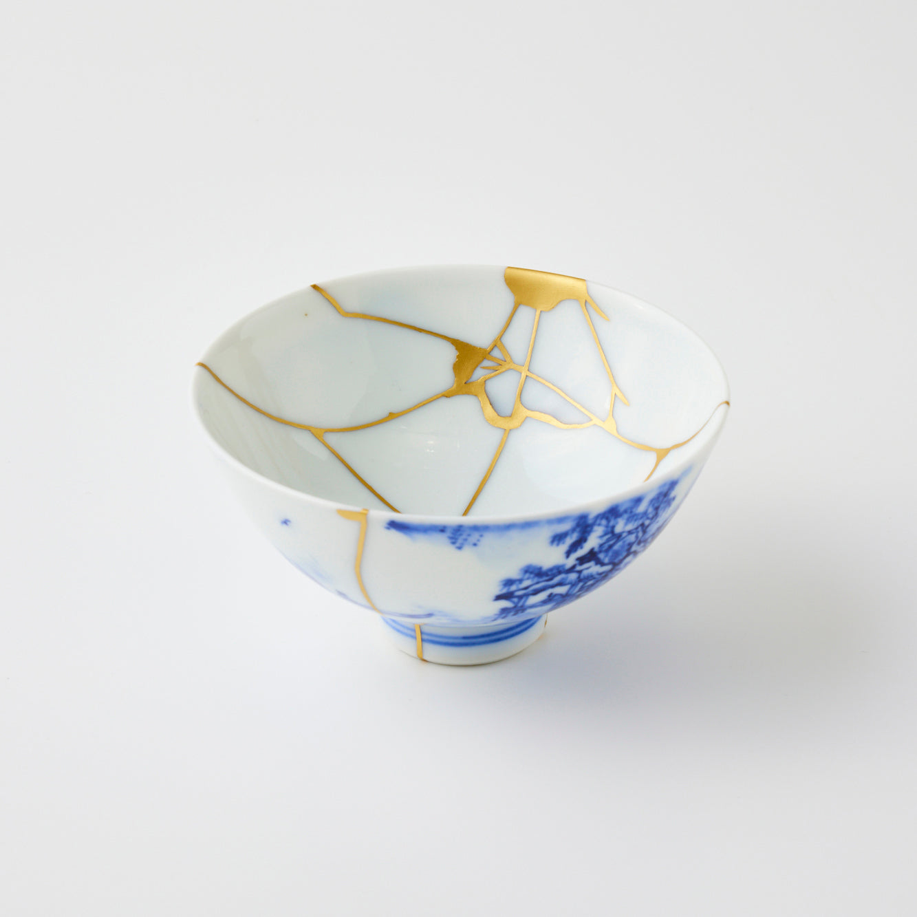 KINTSUGI Tea Bowl with Blue Landscape and Cloud-like Gold Repairs|Available at Ebisu Studio