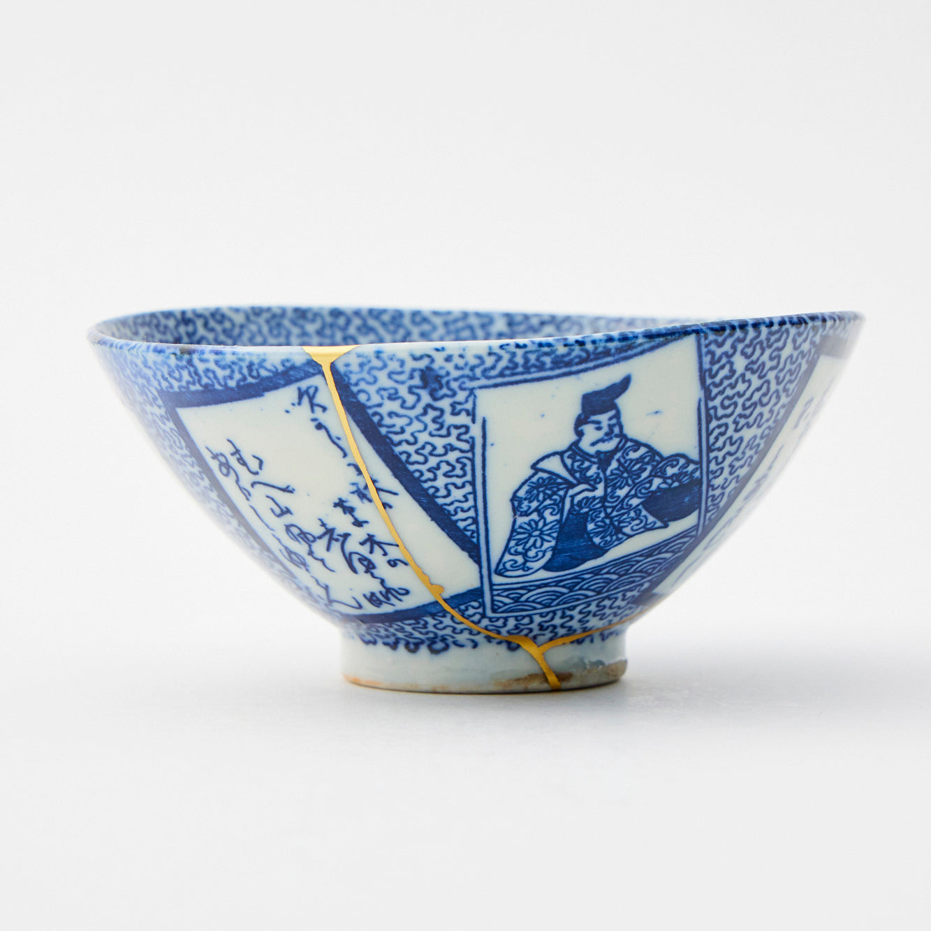 KINTSUGI Golden Verse: Blue Hyakunin-Isshu Tea Bowl|Food Safe