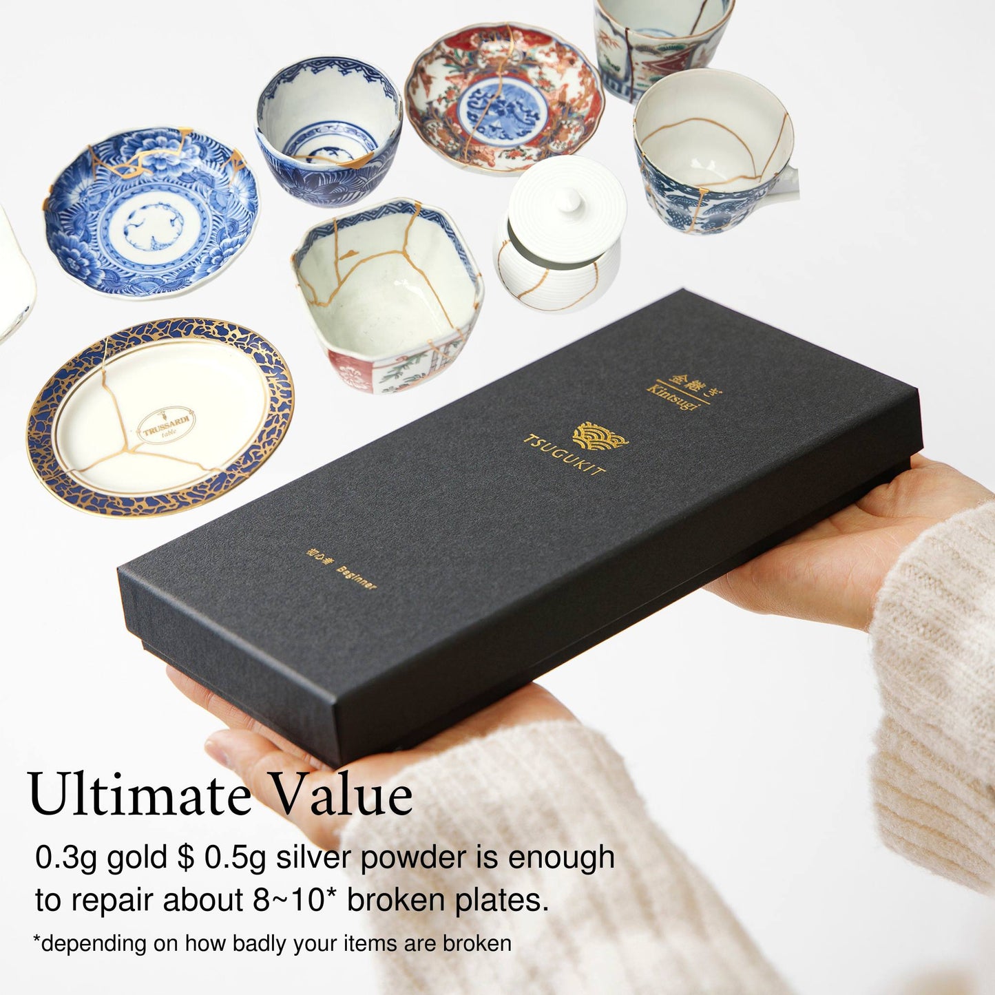 Traditional Tsugu Kit - Food Safe Kintsugi Repair Kit (0.3 g of 23kt Gold & 0.5 g of Silver Powder)