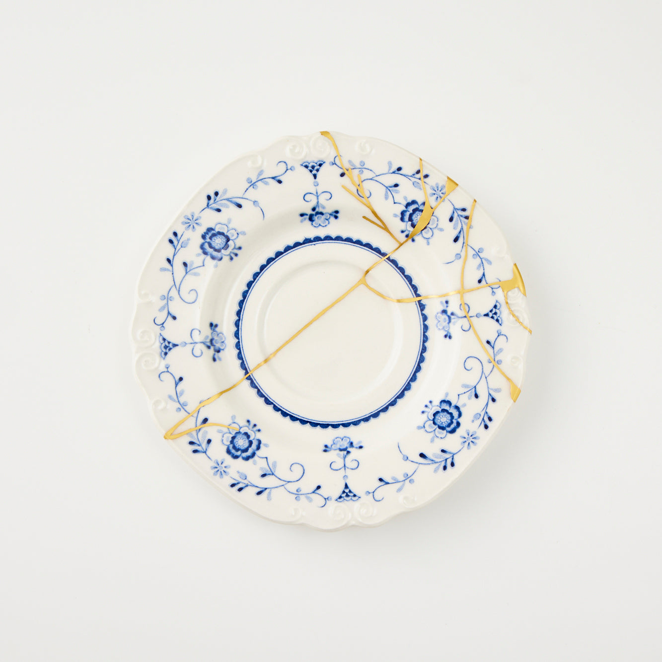 KINTSUGI NIKKO White Porcelain Saucer with Indigo Floral Motif|Available at Asakusa Studio