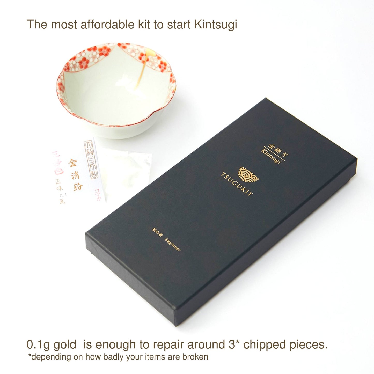 Food safe Kintsugi repair kit - Starter TSUGUKIT - (Urushi lacquer and 0.1 g of Genuine 23 kt Gold Powder included)