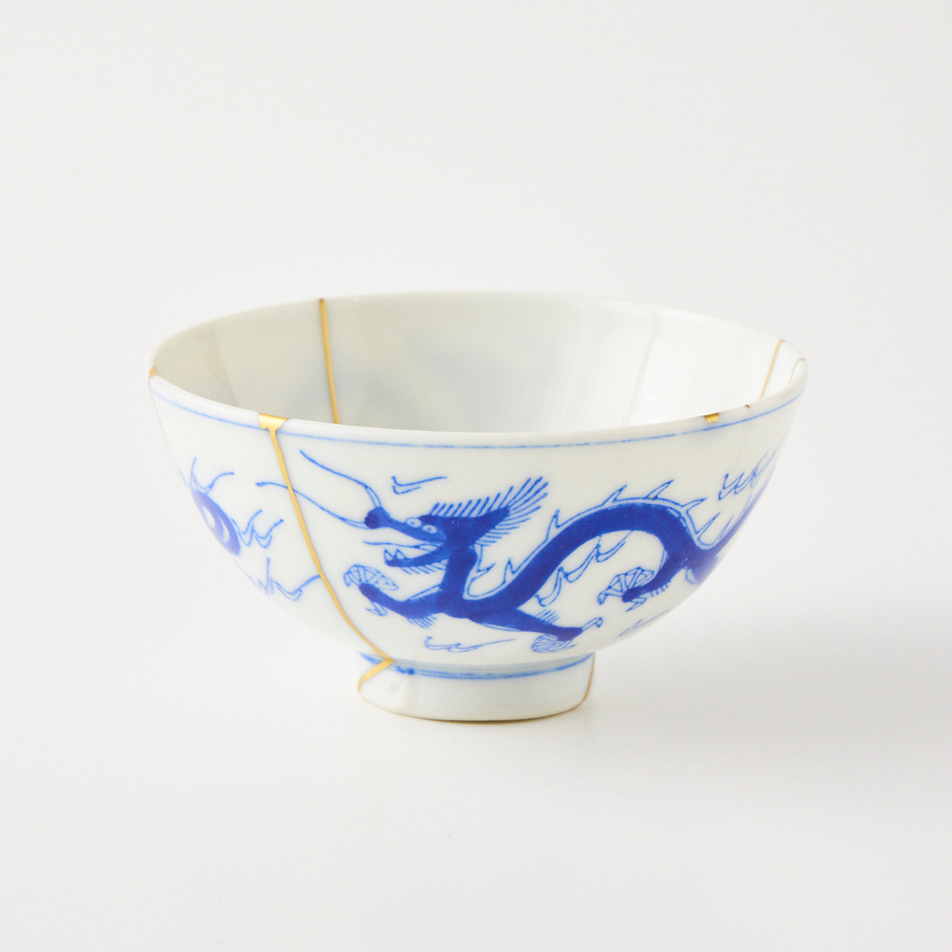 KINTSUGI Blue-and-White Porcelain Mini Bowl with Ascending Dragon
