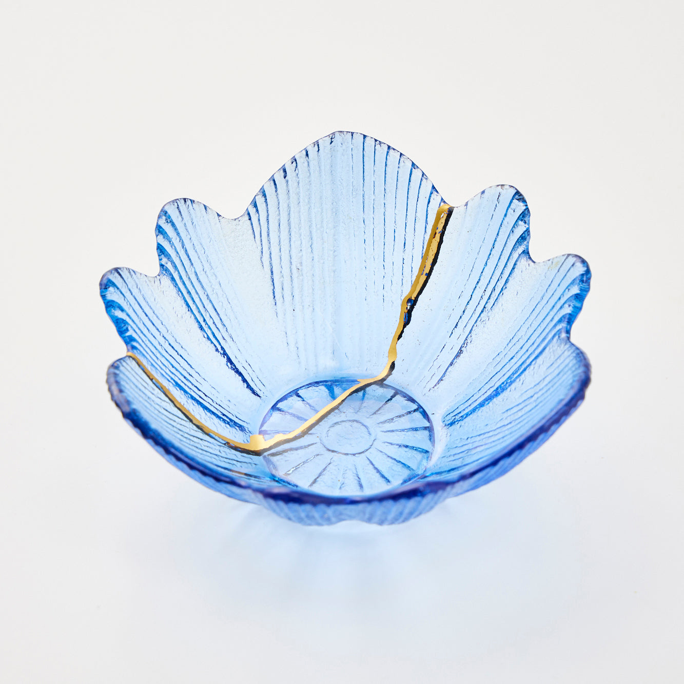 KINTSUGI – Vintage Blue Glass Dessert Bowl with Golden Repair｜Available at Asakusa Studio