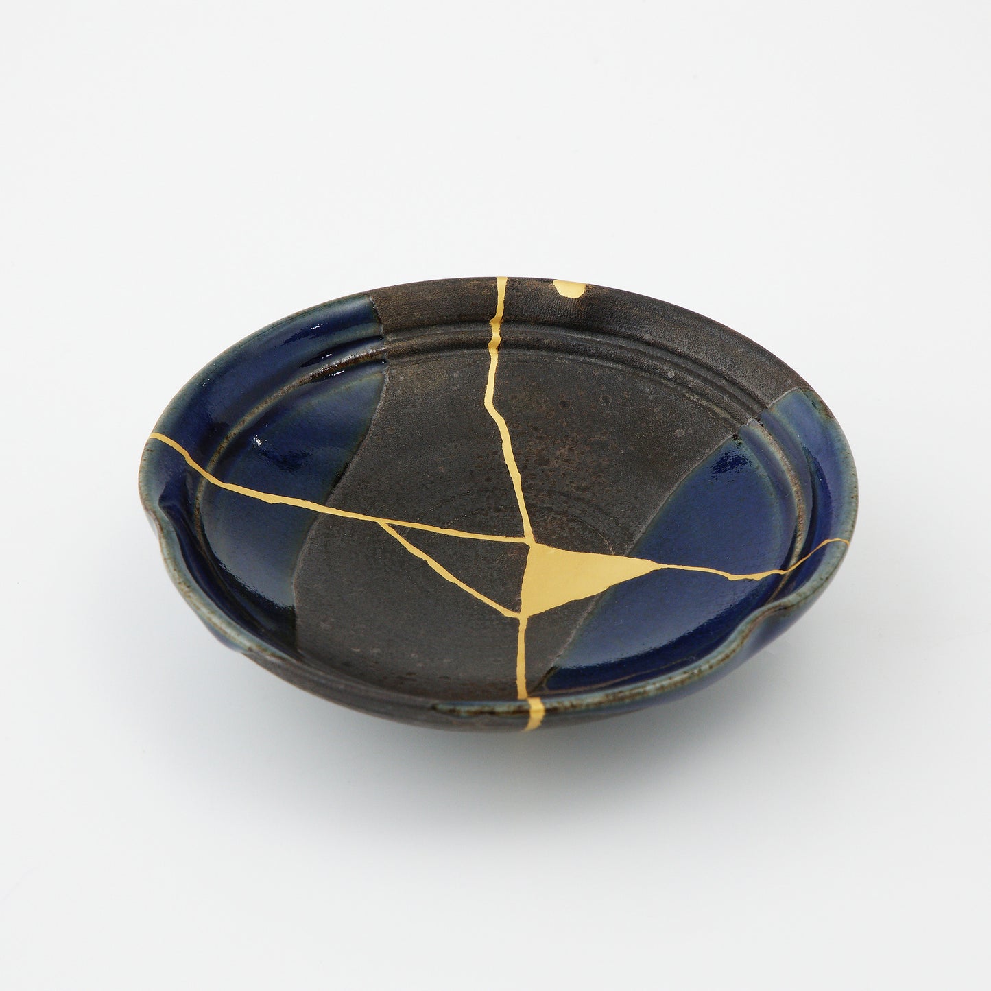 KINTSUGI Small Plate with Triangular Gold Restoration  on Deep Indigo Base