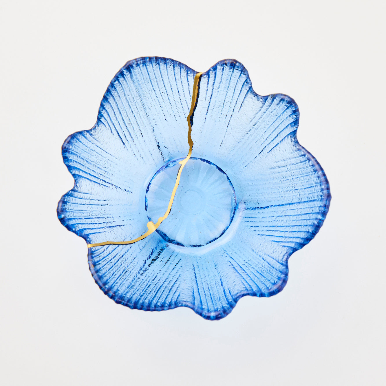 KINTSUGI – Vintage Blue Glass Dessert Bowl with Golden Repair｜Available at Asakusa Studio