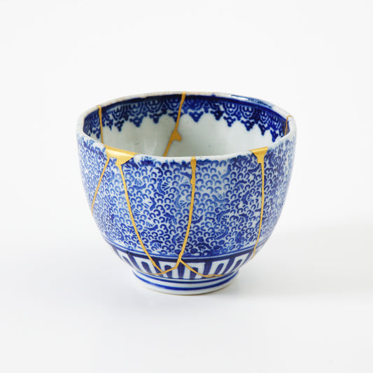 KINTSUGI Early Meiji Period Paper-printed Fine Arabesque Pattern Mukozuke Teacup by Nana Wakatsuki, Tokyo