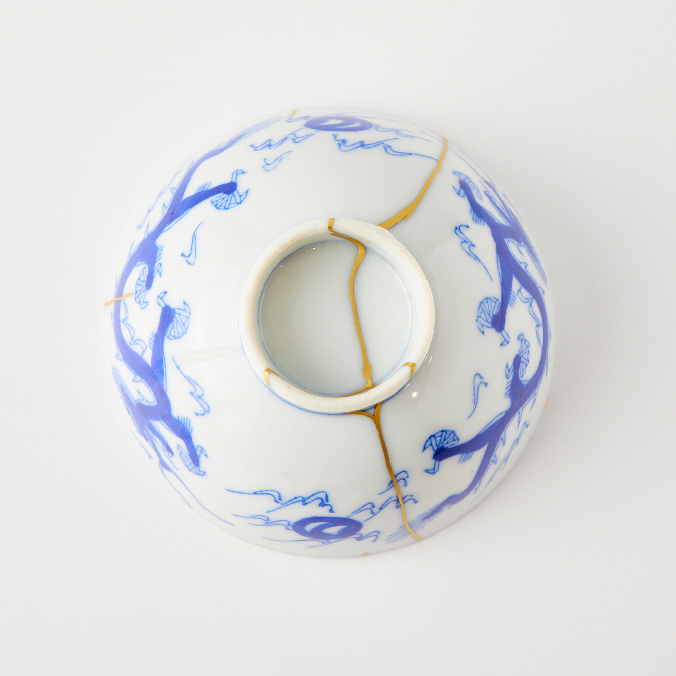 KINTSUGI Blue-and-White Porcelain Mini Bowl with Ascending Dragon