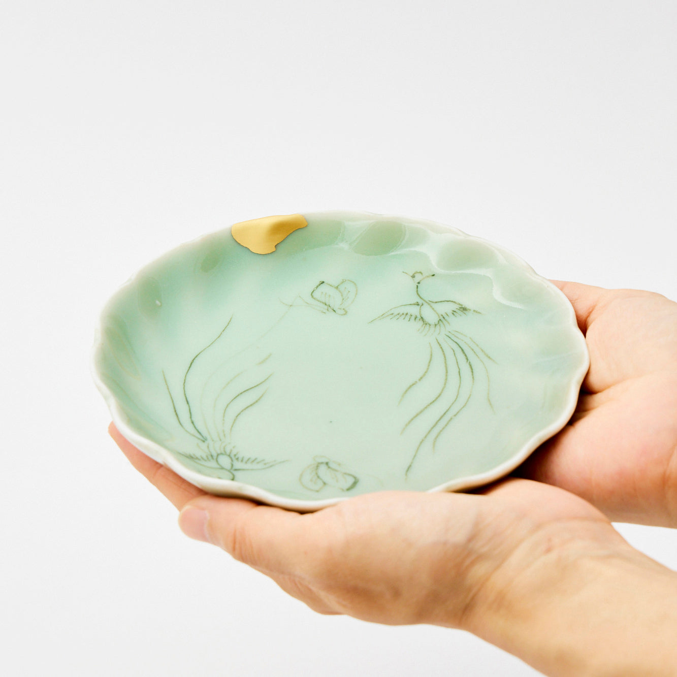 KINTSUGI Celadon Imari Bird & Butterfly Motif Small Plate｜Available at Ebisu Studio