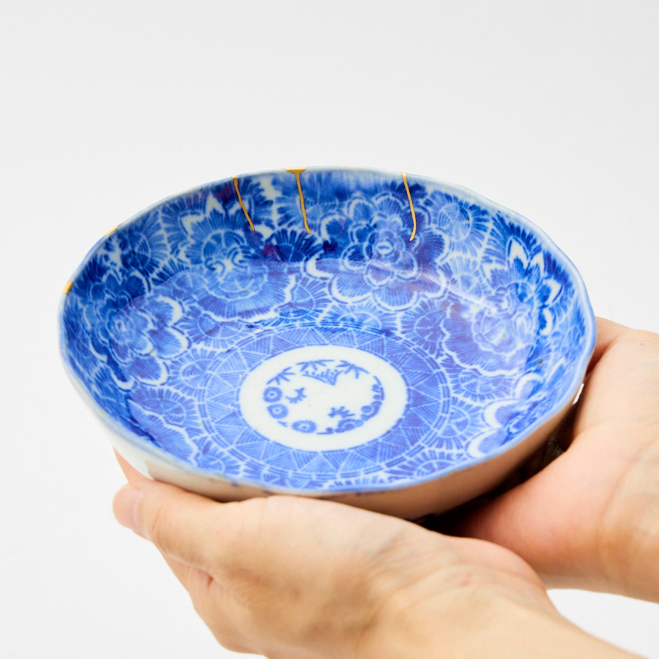 KINTSUGI Indigo Blue Peony Kaleidoscope Small Dish｜Food Safe