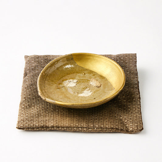 KINTSUGI Yobi-tsugi Double-Gilded Gold Seigaiha Hand-Painted Round Stoneware Plate｜Food Safe