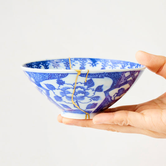 KINTSUGI Rice Bowl with Blue Peony & Horse Motif｜Food Safe